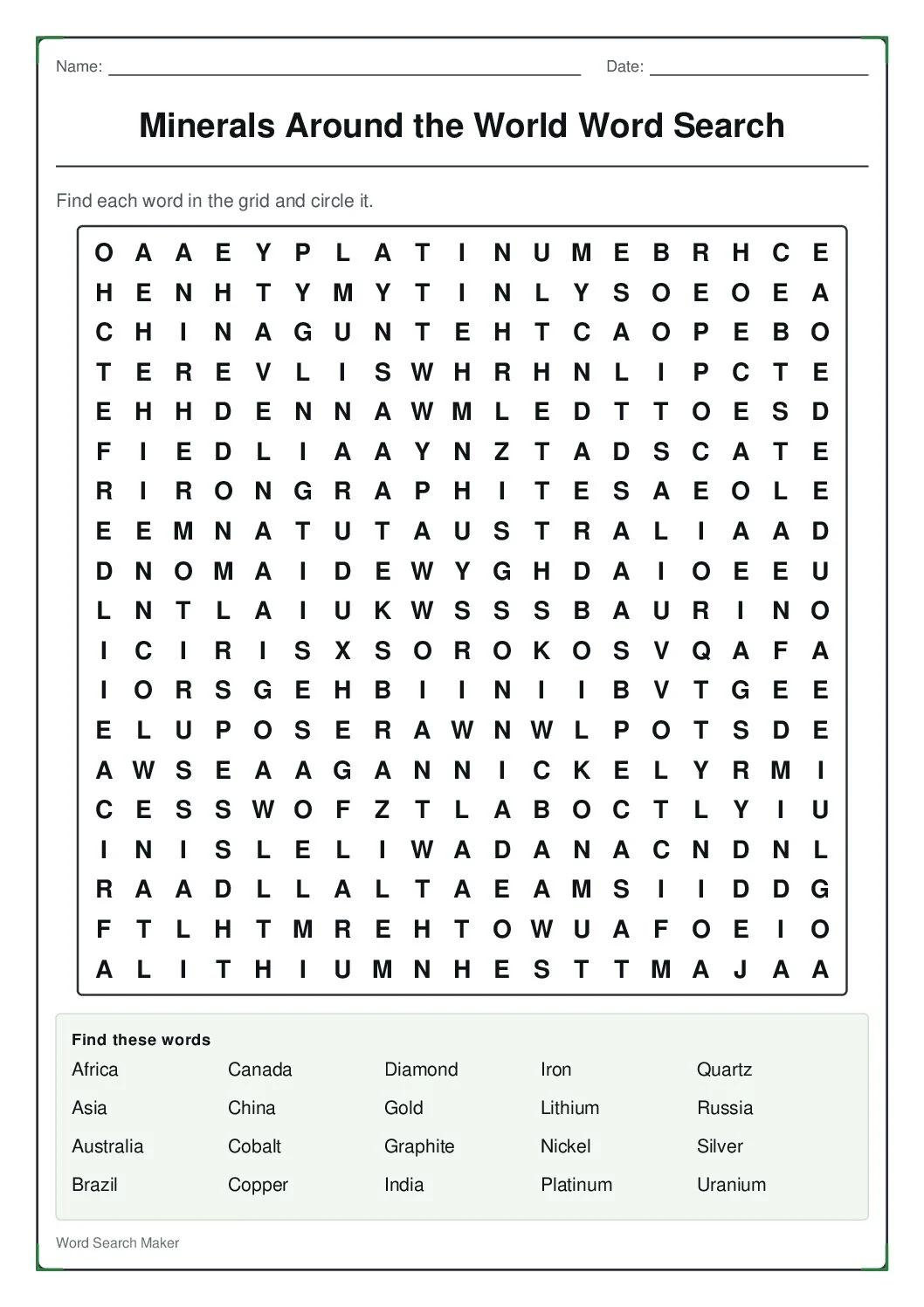 minerals-around-the-world-word-search – first page