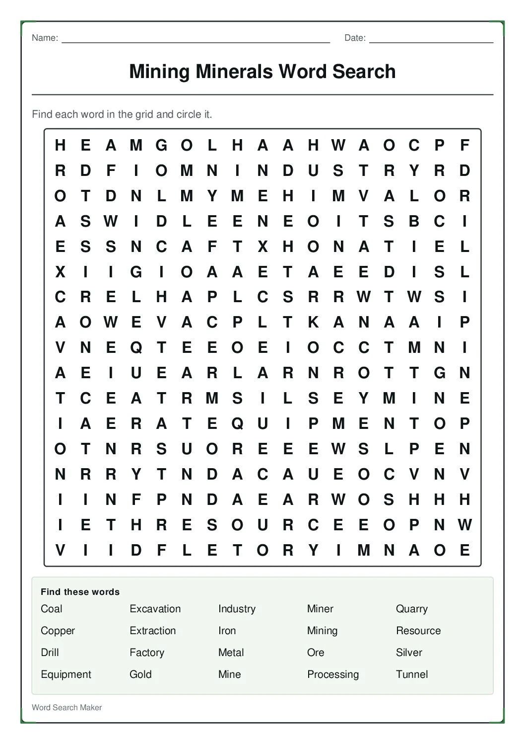 mining-minerals-word-search – first page
