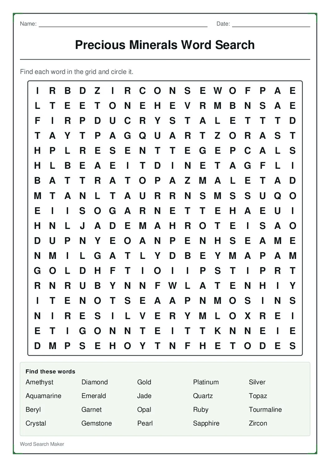 precious-minerals-word-search – first page